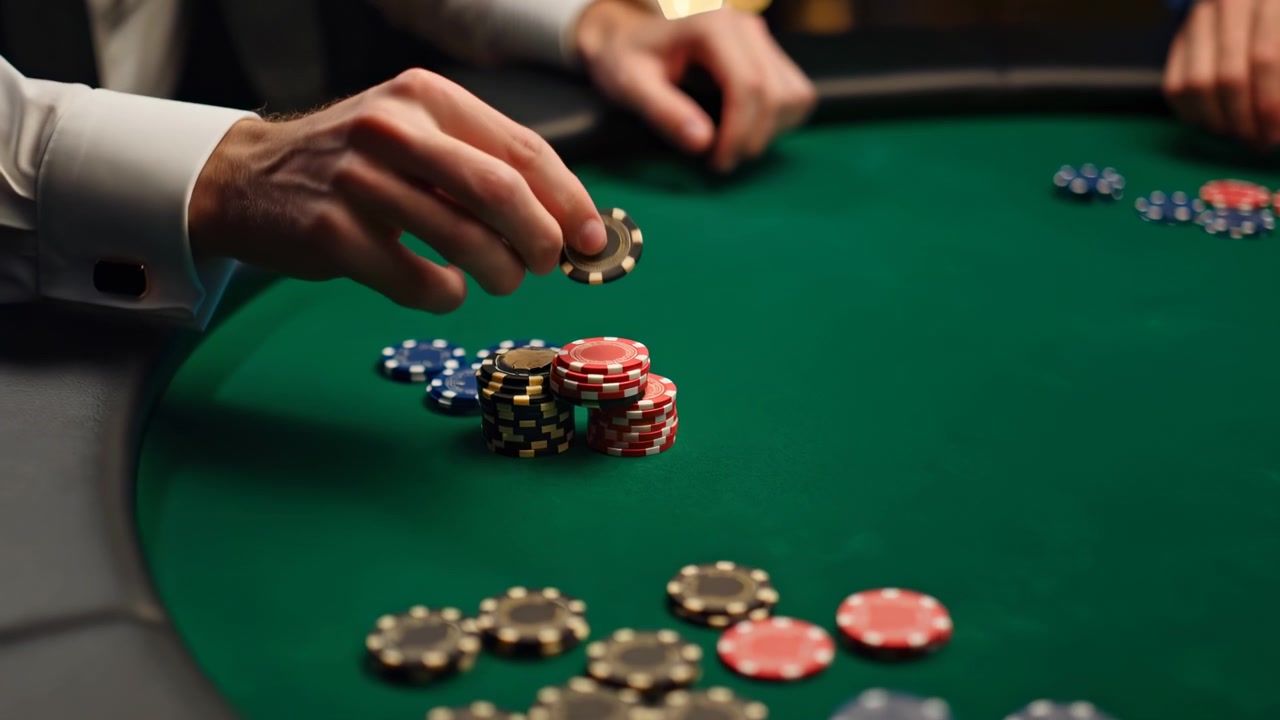 Una mano con il polsino di una camicia bianca si allunga per raccogliere fiches impilate sul panno verde mentre una seconda mano poggia su una ringhiera di pelle, creando un'atmosfera tesa da casinò con luce calda, colore e messa a fuoco ridotta.