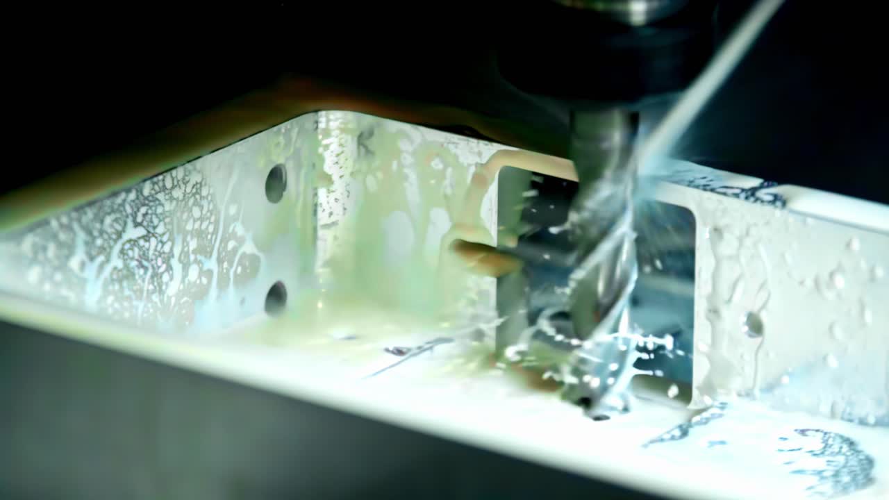 High pressure water jet sprays metal drill bit during precision machining in slow motion