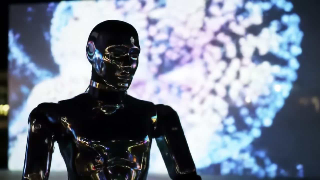 Futuristic Robotic Figure in Dynamic Light Display: A Glimpse of Technology and Aesthetics in Motion Captured Through Exquisite Visual Art