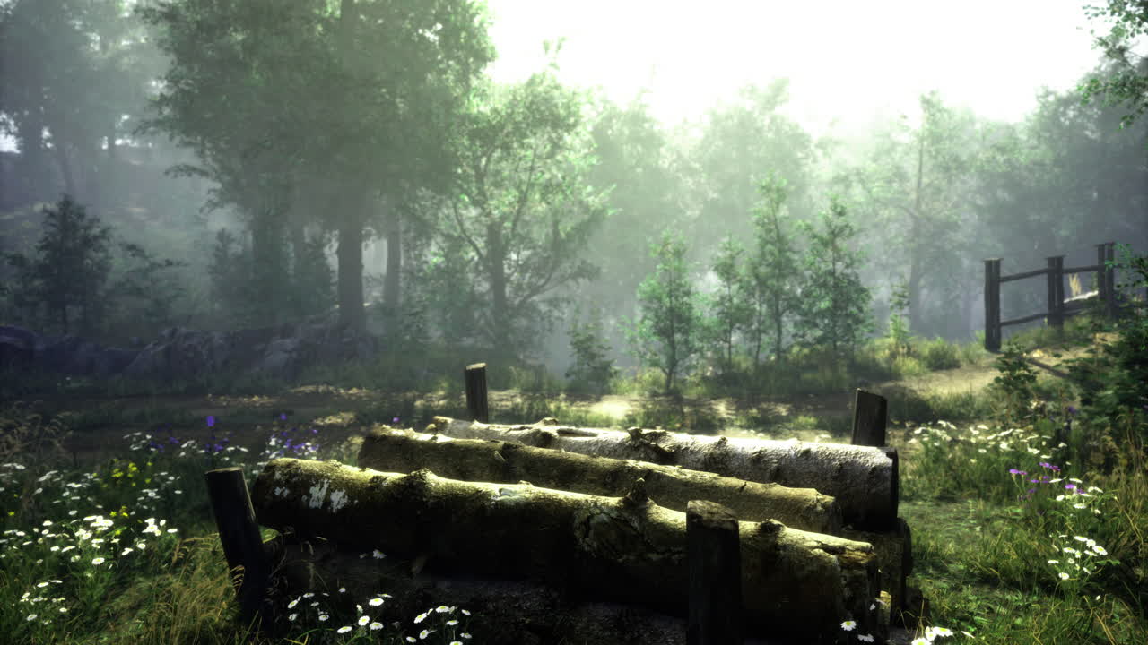 Serene forest landscape with logs in bright overcast light during daytime