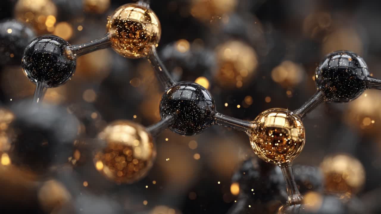 Kompliceret nærbillede af molekylær struktur, der fremhæver sorte og gyldne partikler, og viser skønheden ved kemi og atomare bindinger i en fantastisk visualisering