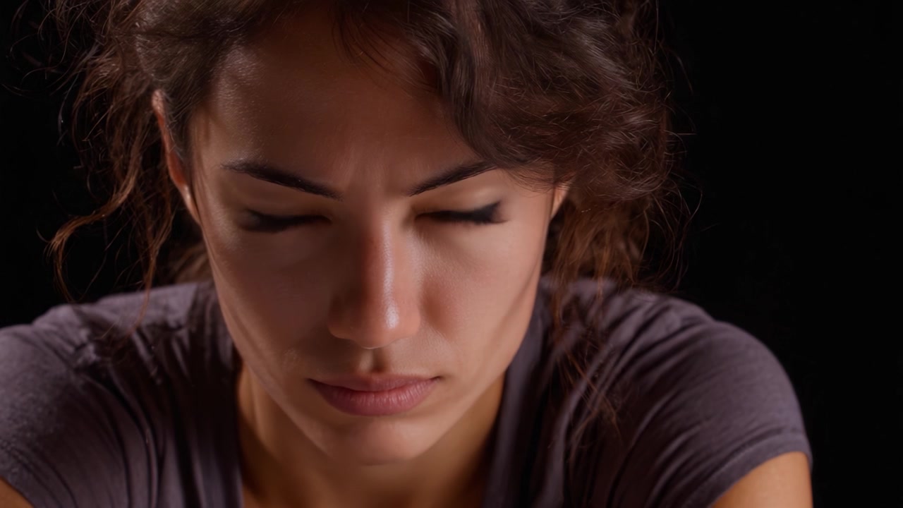 Retrato dramático e emocional de uma jovem mulher refletindo introspecção com expressão intensa em luz e sombras contrastadas.
