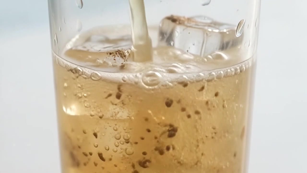 Pouring Sparkling Beverage into Glass with Ice Cubes