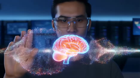 Man Interacting with Holographic Brain in Futuristic Setting