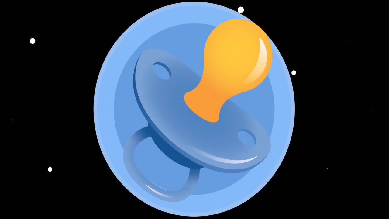 animación de un muñeco de bebé y luces verdes con manchas blancas sobre fondo negro.