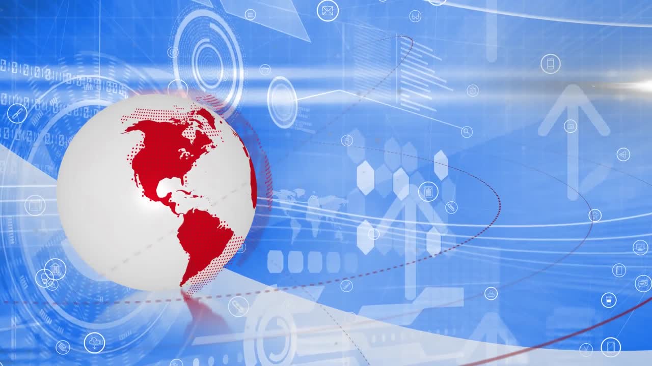 전 세계에 걸쳐 디지털 아이콘의 애니메이션, 파란색 배경에 스캔 범위와 화살표