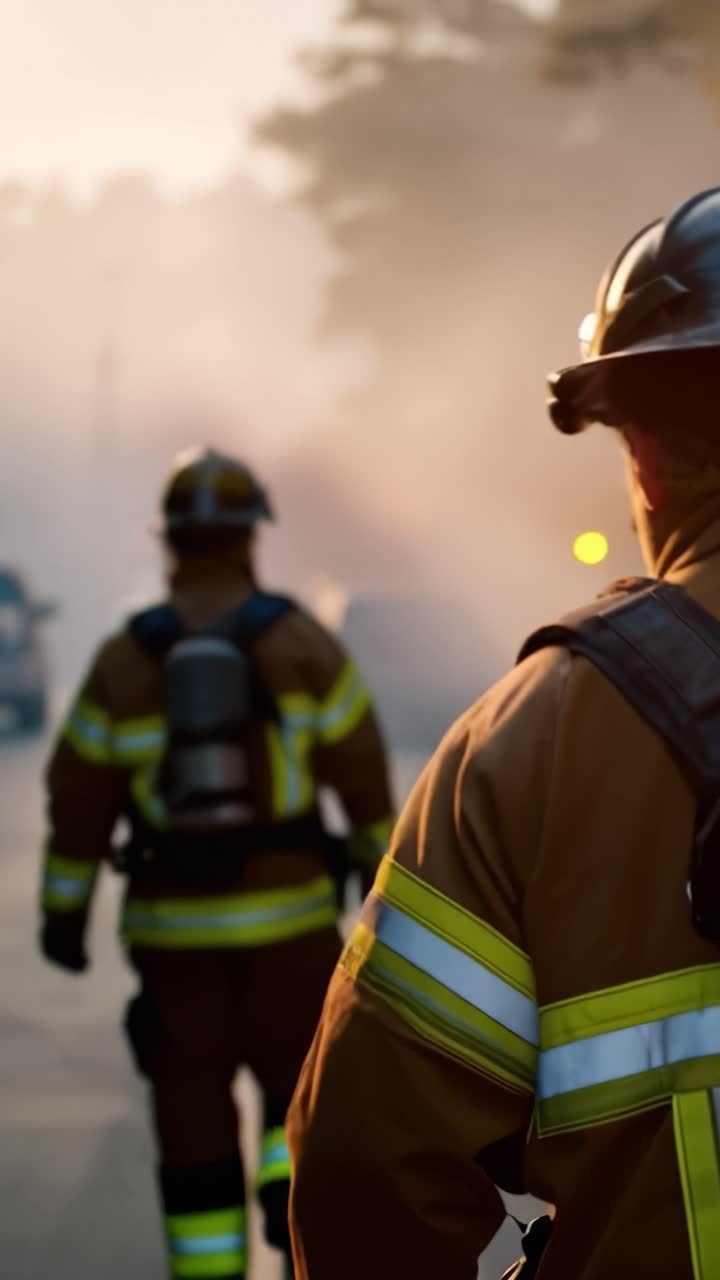 Brave Firefighter Walking Towards Smoke and Flames, Preparing to Tackle the Flames, Dressed in Protective Gear Under Challenging Conditions, Ready for Action