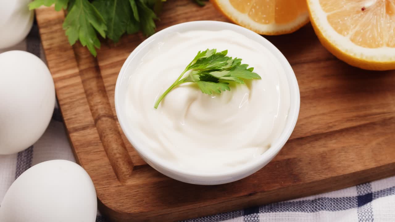 mano sosteniendo un plato de mayonesa con rebanadas de perejil y limón