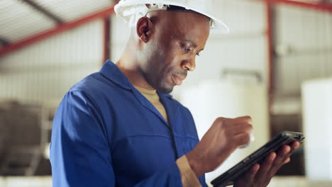 Black-man,-tablet-and-technician-at-warehouse