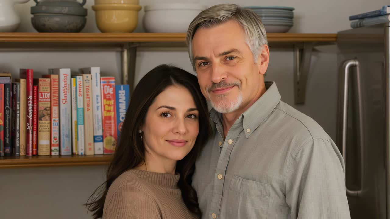 Pareja sonriente acercándose en la cocina después de sonreír, demostrando amor, mujer con top de canalé, libros de cocina