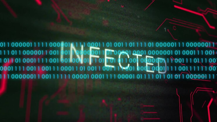 Animation of data processing over infected text and computer circuit board on black background