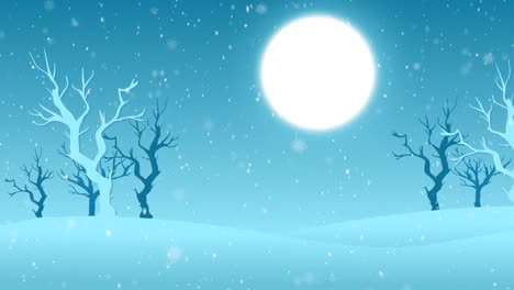 Animación-Del-Paisaje-Invernal-Navideño-Con-Nieve-Cayendo-Y-Luna-Llena-Con-árboles-Sobre-Fondo-Azul