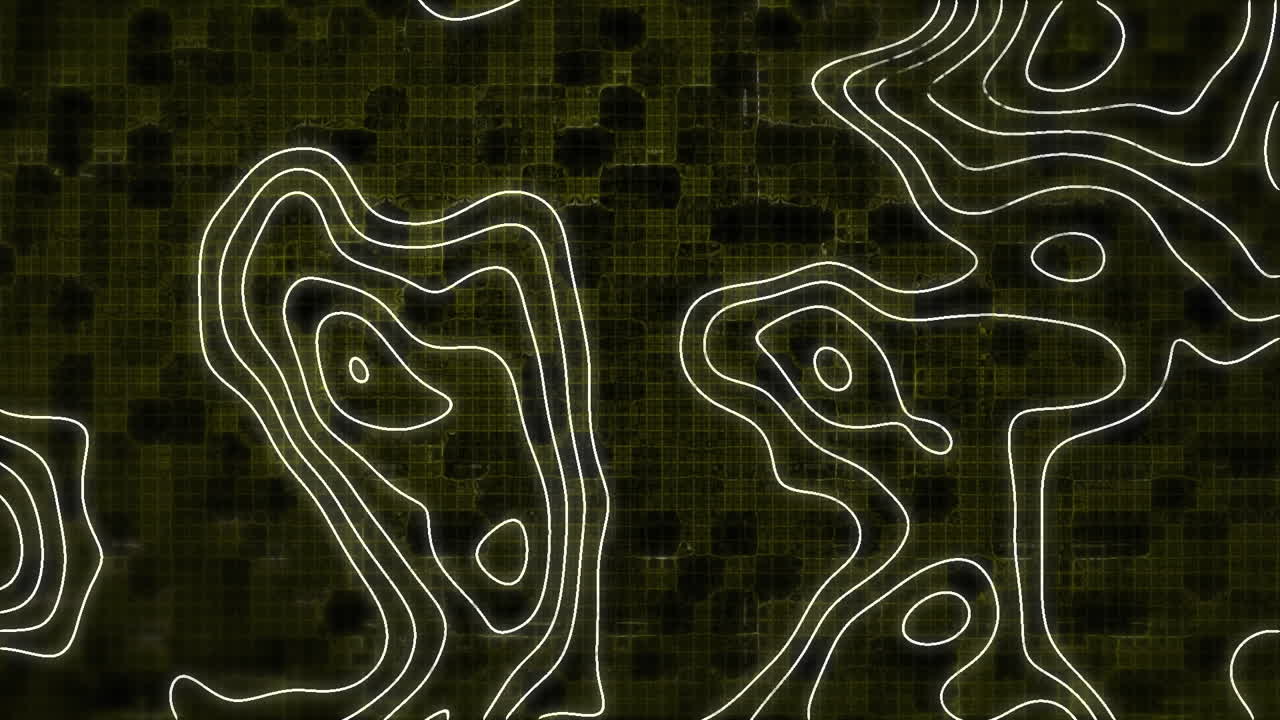 animación de líneas de contorno blancas que se mueven sobre una cuadrícula digital amarilla oscura sobre fondo negro