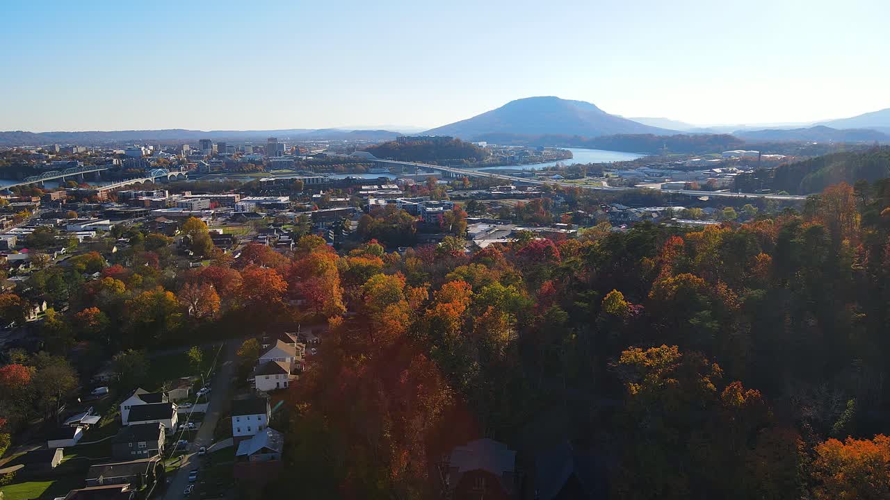 Chattanooga Tennessee, USA in autumn with Tennessee River and Lookout Mountain in aerial panoramic view