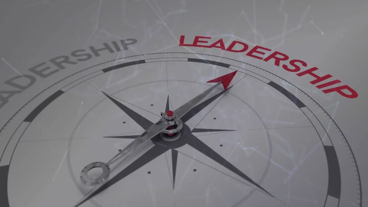 Network initiating compass needle rotating clockwise to Leadership emphasizing direction
