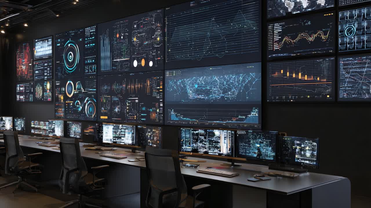Centro avanzato di analisi dati con molteplici schermi ad alta risoluzione e sofisticate visualizzazioni grafiche in un moderno ambiente tecnologico.