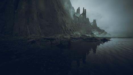 ruins of an ancient castle reflected in a misty coastal landscape at dusk