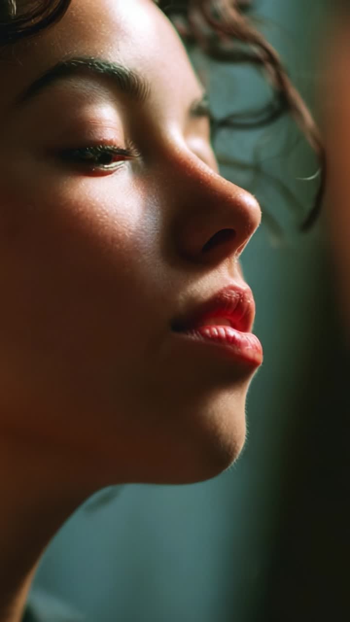 A Captivating Profile Portrait of a Young Woman with Curly Hair and Subtle Expressions, Captured in a Gentle Natural Light Setting