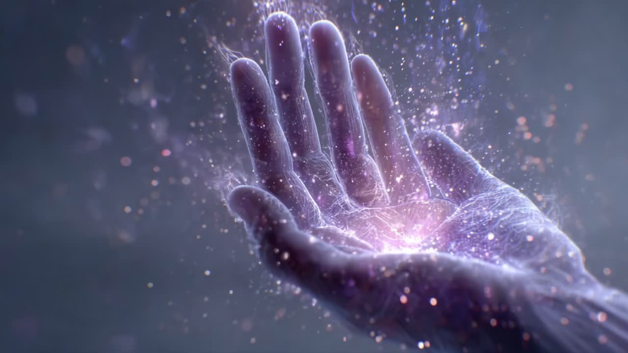 An ethereal hand emerges from a cosmic haze, revealing swirling energy and light that encapsulates the essence of creation and imagination in its grasp