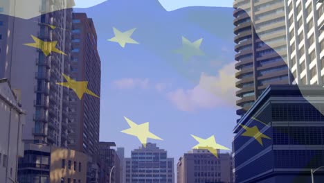 Animación-De-La-Bandera-De-La-Unión-Europea-Ondeando-Sobre-El-Paisaje-Urbano.