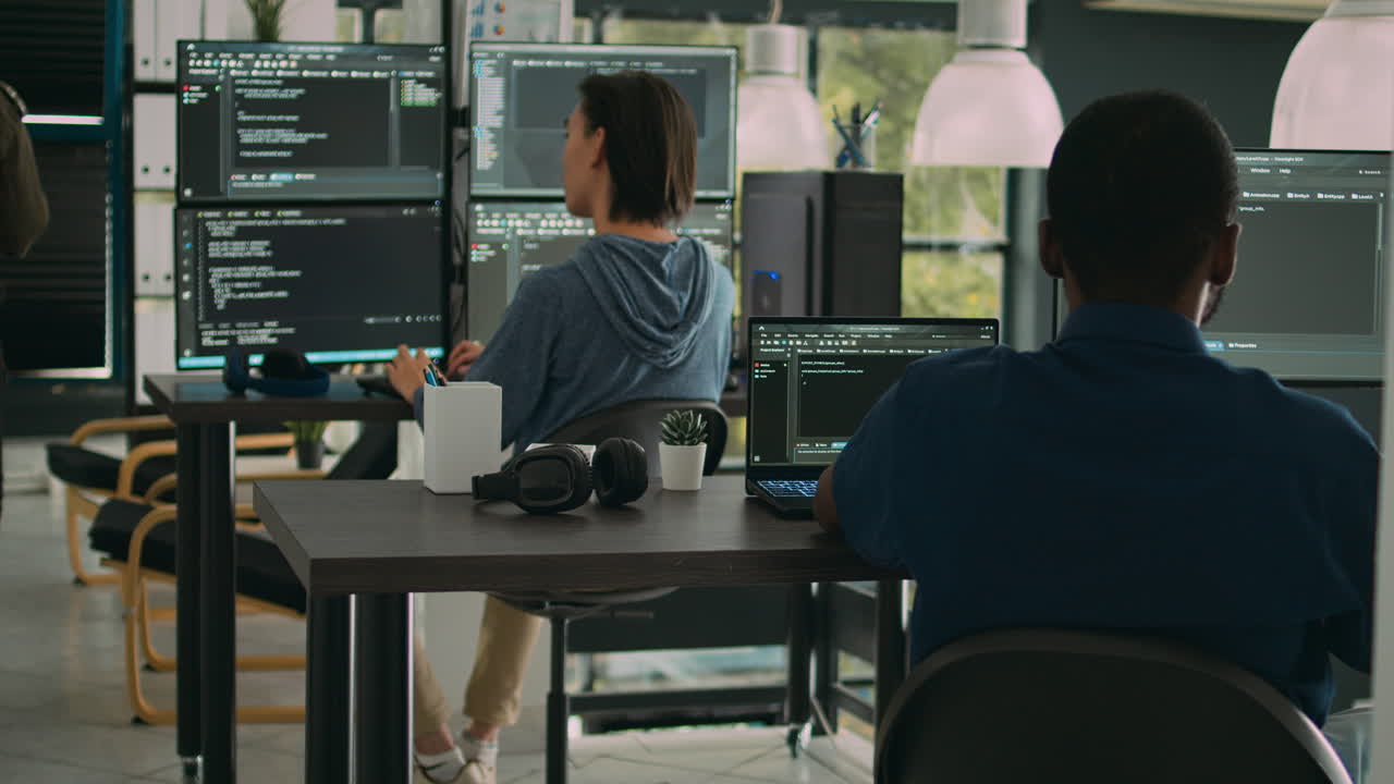 African american it engineer writing code on laptop and computer
