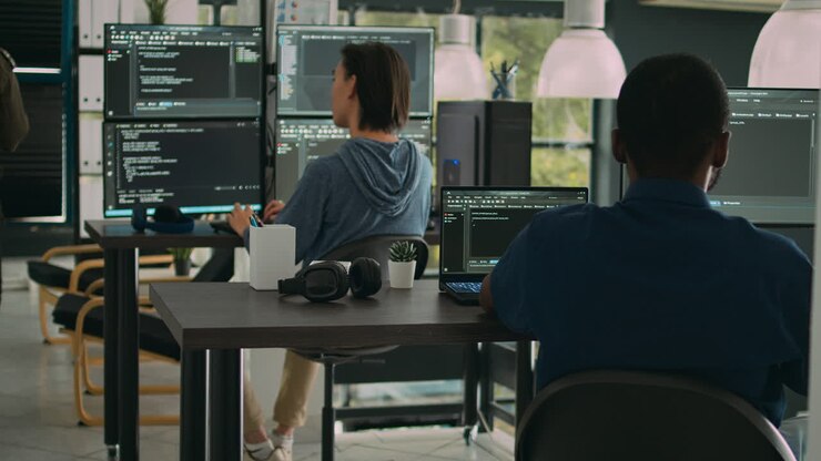 African american it engineer writing code on laptop and computer