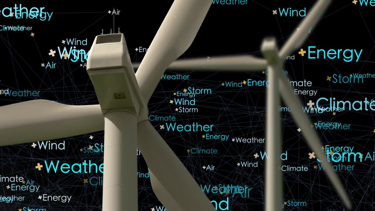 Rotating wind turbines with computer animated background