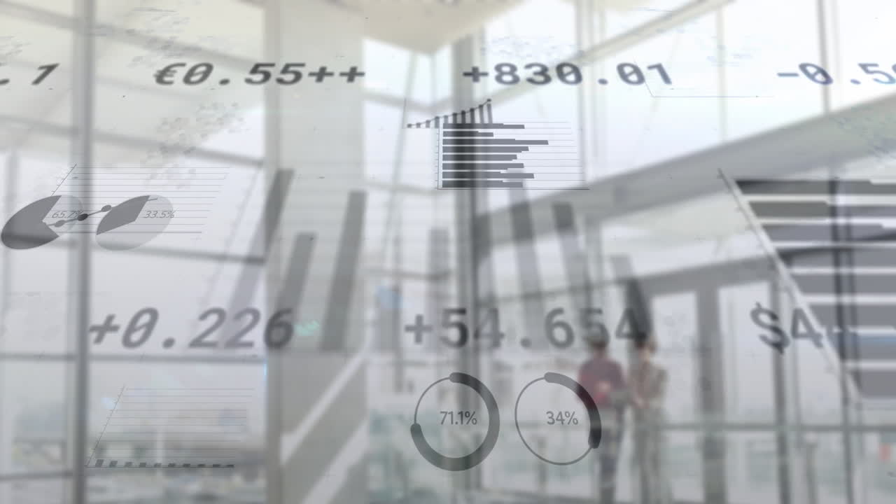Animation of financial data processing over diverse business people in office