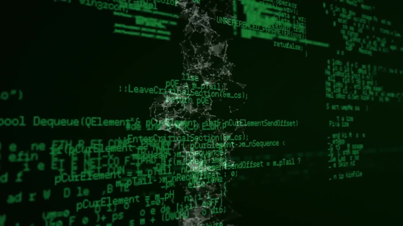 animación de una red de partículas que flotan sobre los datos de procesamiento en la cuadrícula verde