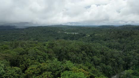 drone view of a remote station in the distance amongst thick rainforest