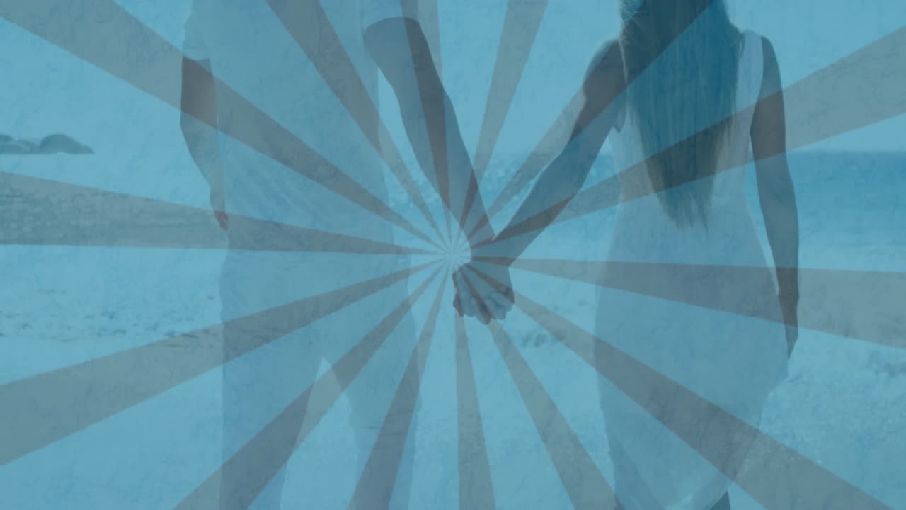 Holding hands, couple standing against blue radial pattern background animation