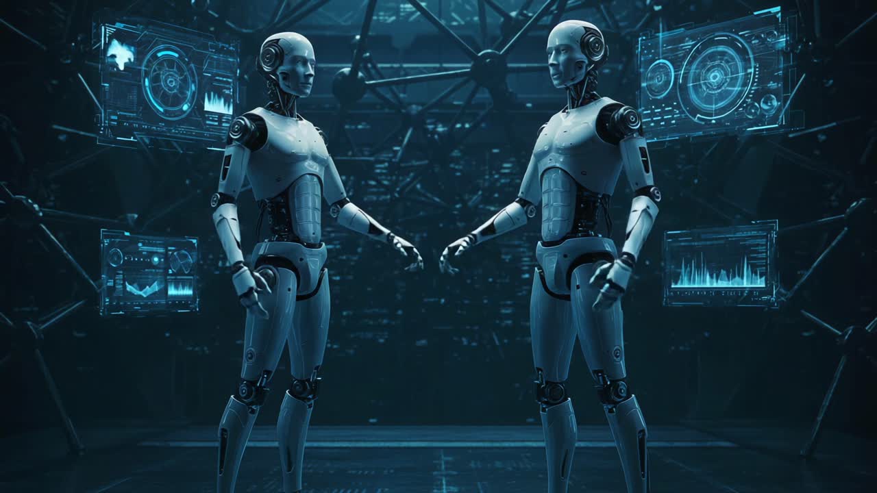 Two futuristic robots engage in a moment of connection, surrounded by high-tech interfaces and holographic displays in a cybernetic environment, exploring the limits of artificial intelligence