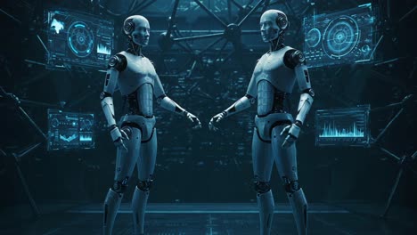 two futuristic robots engage in a moment of connection, surrounded by high-tech interfaces and holographic displays in a cybernetic environment, exploring the limits of artificial intelligence