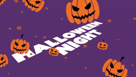 Animation-Von-Halloween-Grüßen-Und-Schwebenden-Kürbissen-Auf-Violettem-Hintergrund
