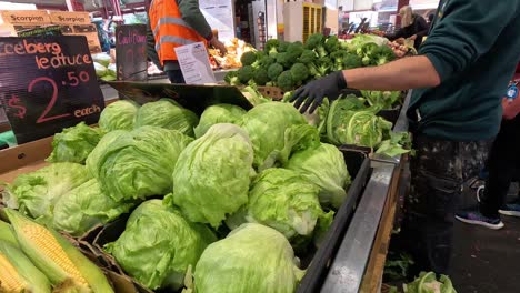 vendor arranging vegetables at market stall