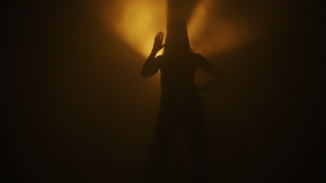 silhouette of a woman dancing in a smoky studio