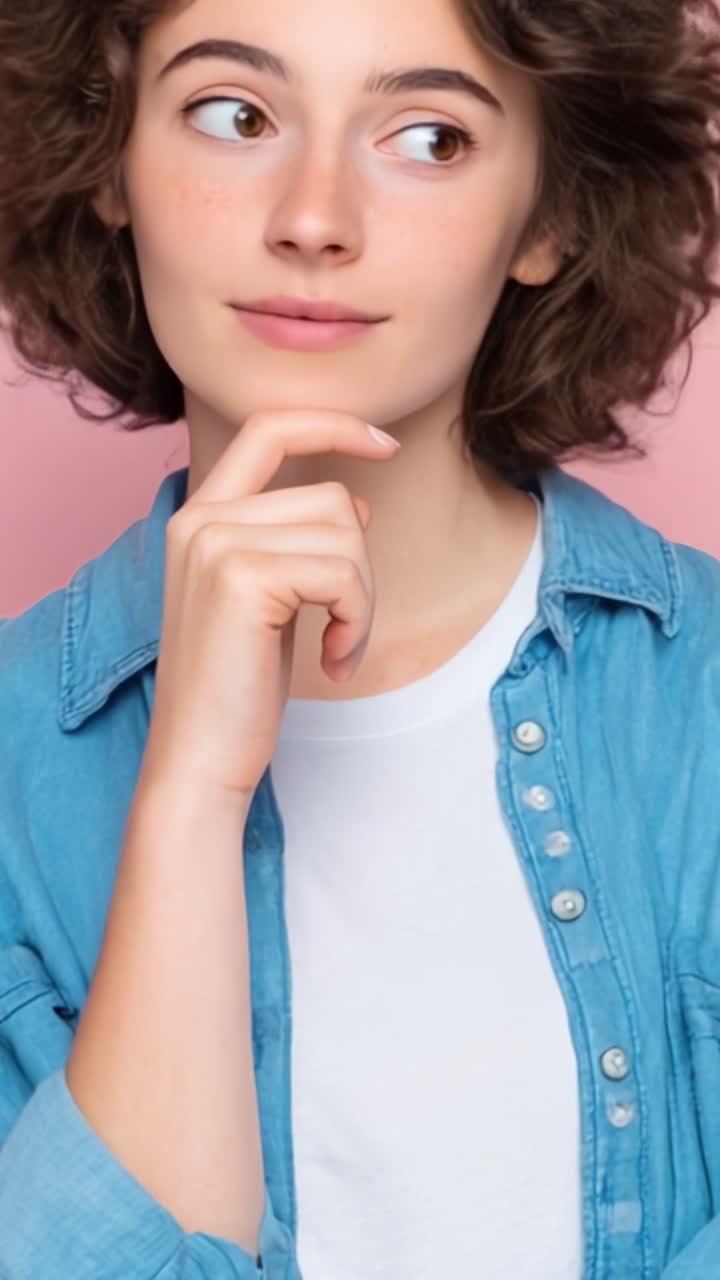 Una giovane donna pensierosa con i capelli ricci che riflette su un'idea su uno sfondo rosa tenue: Catturando curiosità e introspezione in un elegante outfit di jeans.