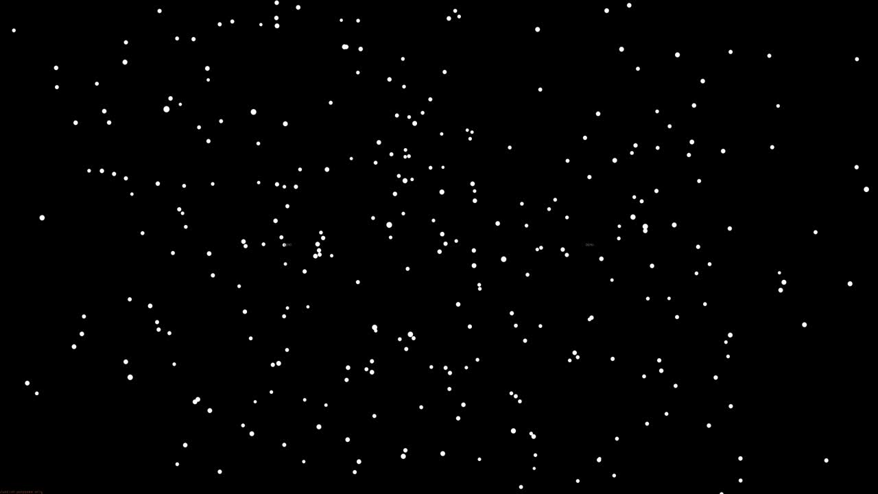 Animation random white point on black background in chaotic motion. Light particles move on dark back.