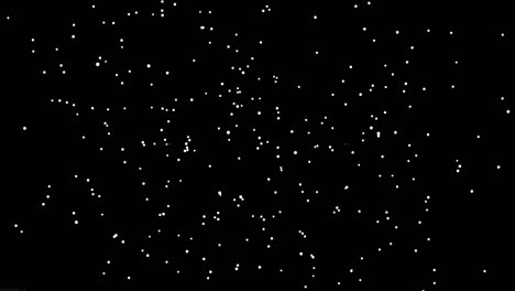 animation random white point on black background in chaotic motion. light particles move on dark back.