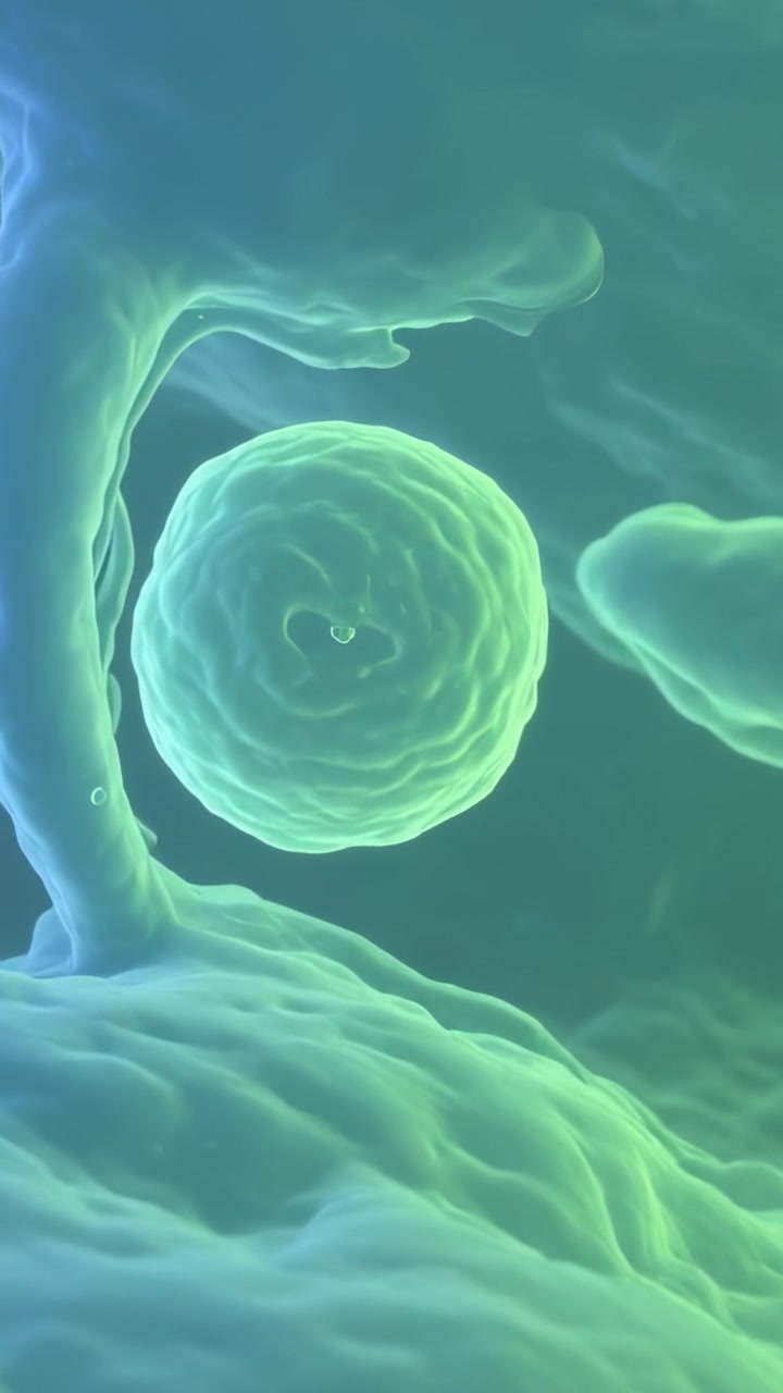 Video verticale: Reazione all'approccio della membrana, sfera stratificata che si sposta, si gonfia e si fonde in un poro