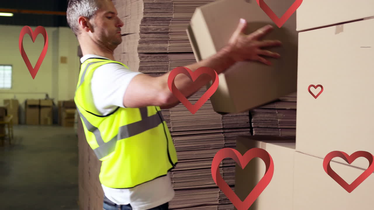 animación de iconos de corazón sobre caucásicos hombres entregadores con cajas