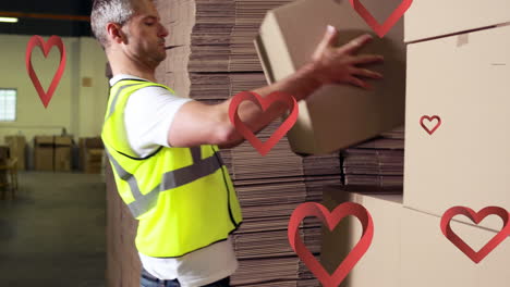 animation of heart icons over caucasian male deliverer holding boxes