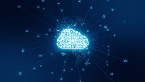 motion graphic of blue cloud computing and earth sphere with line connection and data transfer to futuristic technology icon on abstract background seamless loop video