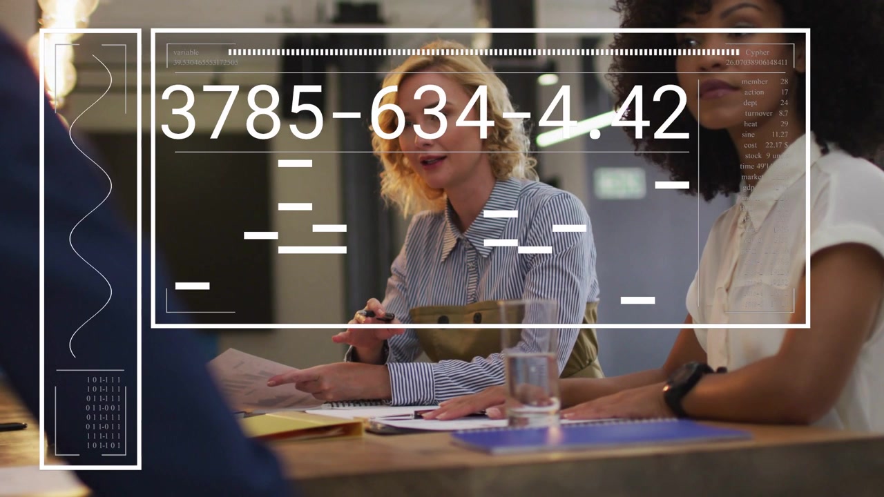 Woman leading office meeting, pointing at documents while HUD appearing, updating data for review