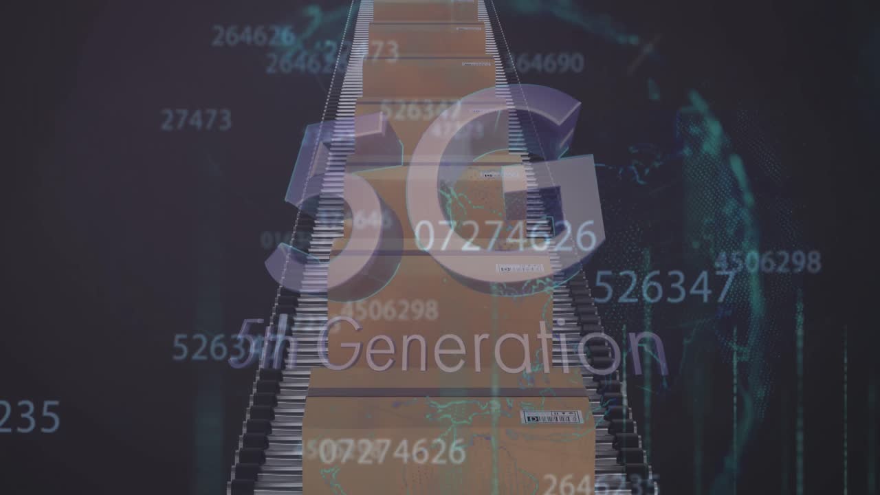 animación de números cambiantes y texto de 5g 5a generación sobre cajas de cartón en cinta transportadora