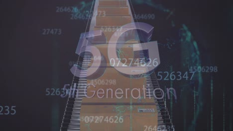 Animation-of-numbers-changing-and-5g-5th-generation-text-over-cardboard-boxes-on-conveyor-belt