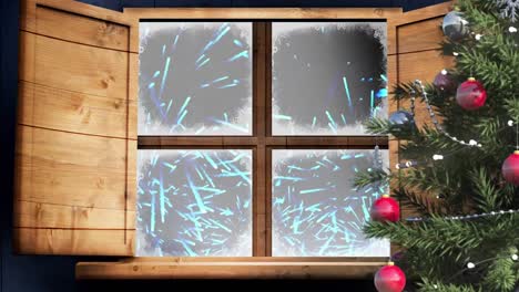 Christmas-tree-and-wooden-window-frame-against-fireworks-exploding-on-black-background