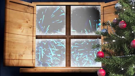 christmas tree and wooden window frame against fireworks exploding on black background