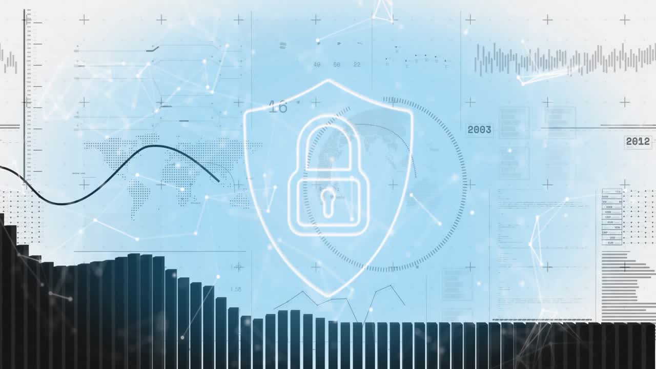 Glowing shielded lock initiating waving bar chart with sine-wave arrows visualizing security data