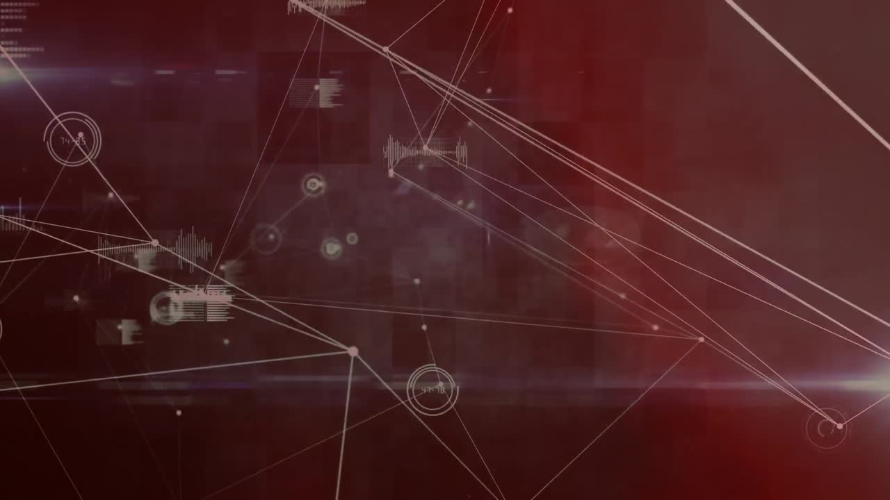 animación de la red de conexiones, procesamiento de datos y puntos de luz contra fondo rojo